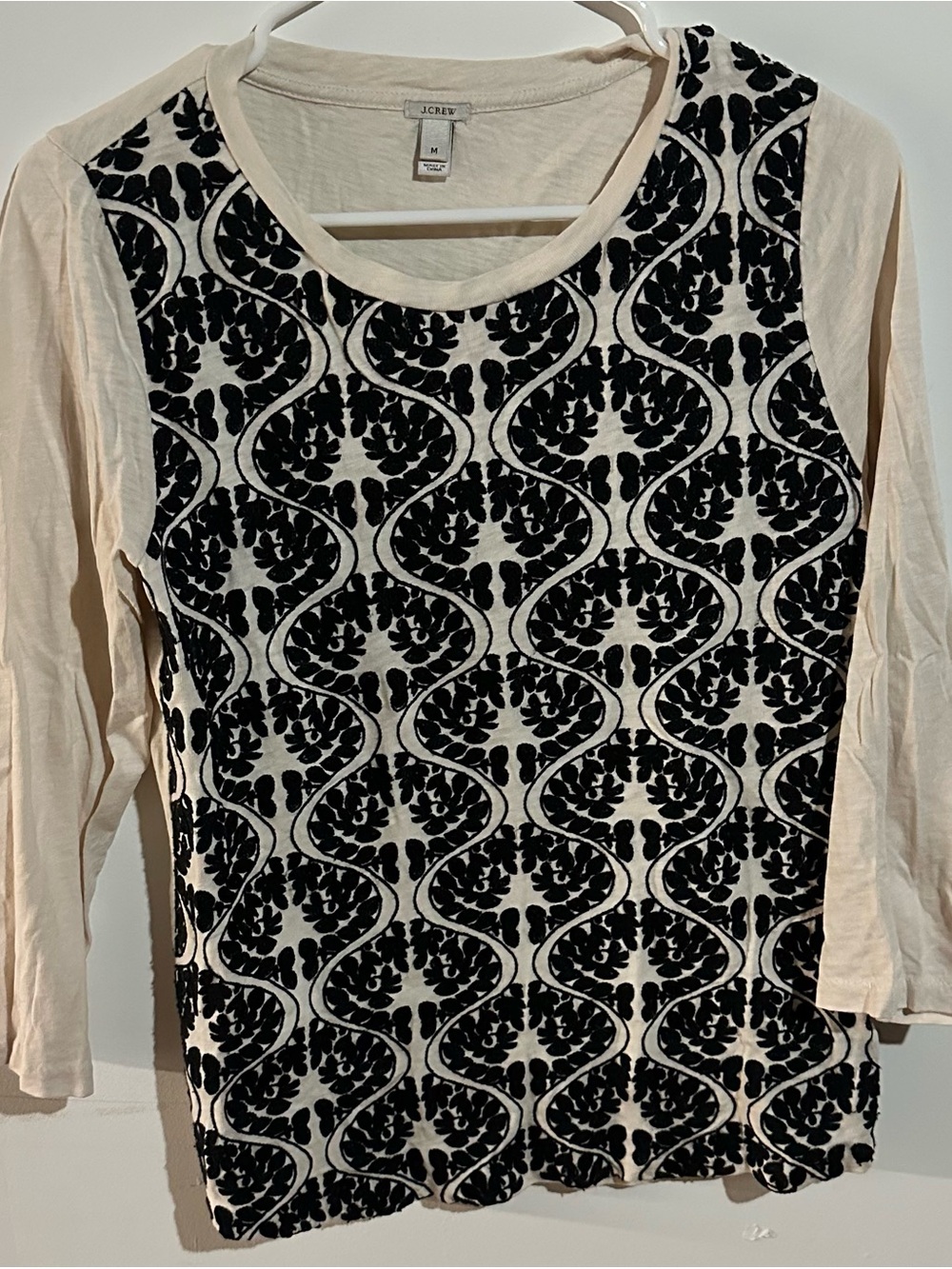 J. Crew Cream Long-Sleeve Top with Black Velvet Damask Front